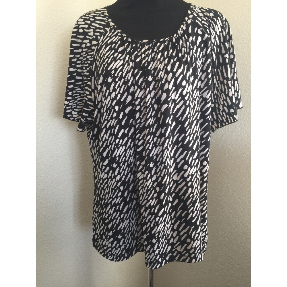 Jones‎ New York Black White Geometric short sleeve scoop neck Blouse shirt SZ XL
